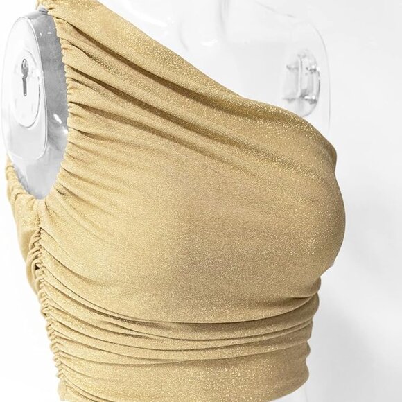 Gold Metallic One Shoulder Ruched Crop Top - Size Medium - Picture 2 of 6
